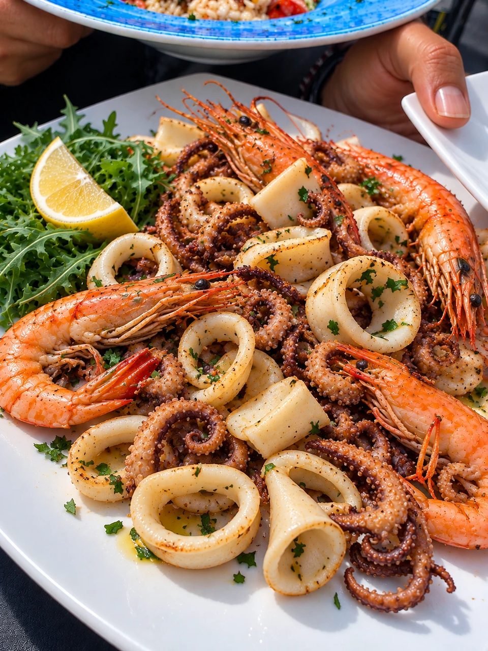 Frittura di calamari e gamberi dorati con limone e rucola
