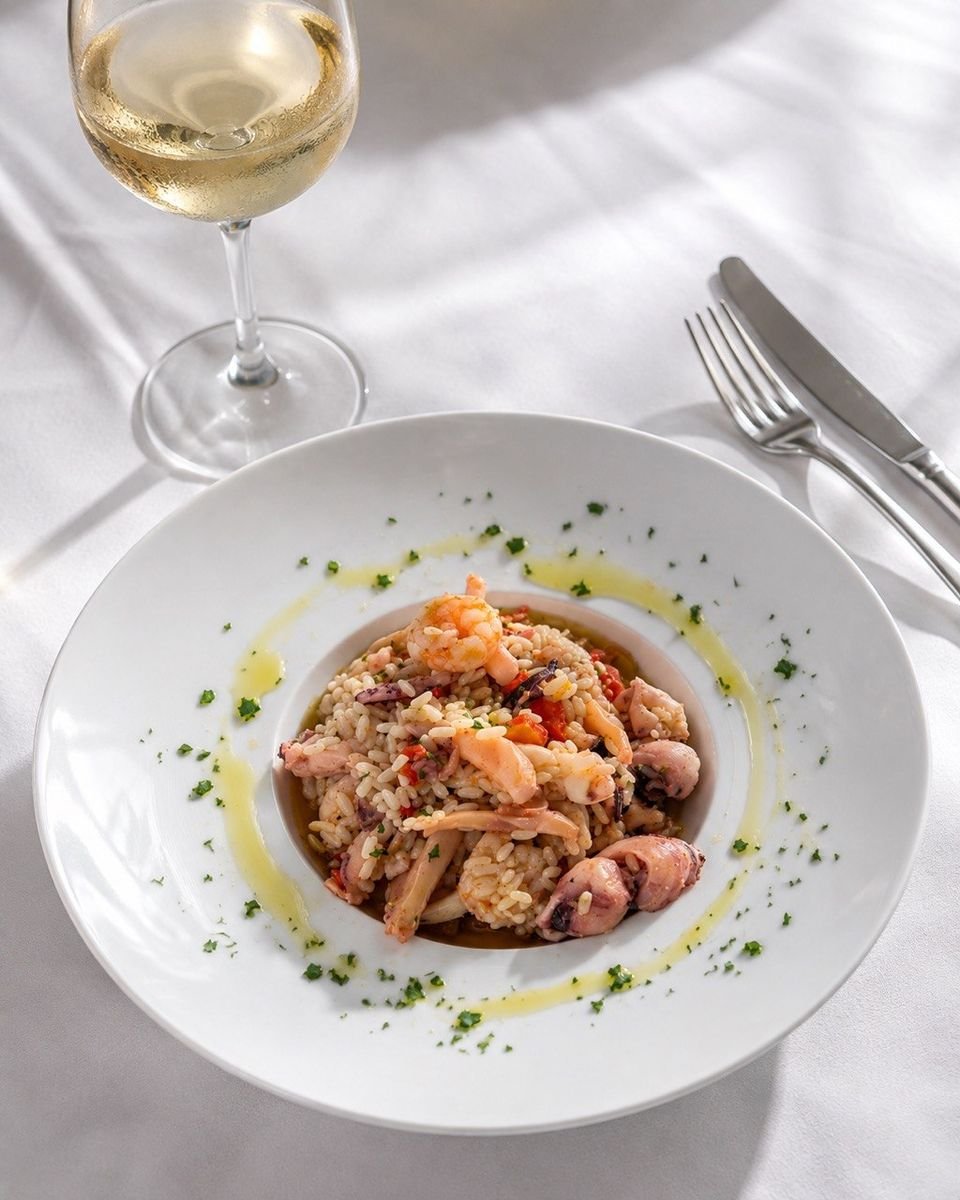 Primo di mare con calamari e gamberi, accompagnato da un calice di vino bianco