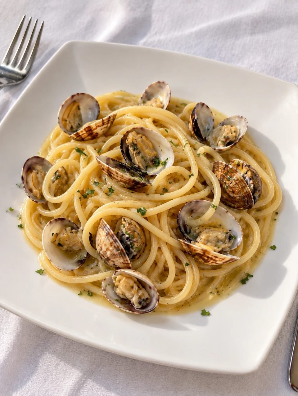 Spaghettone alle vongole con prezzemolo in un piatto bianco